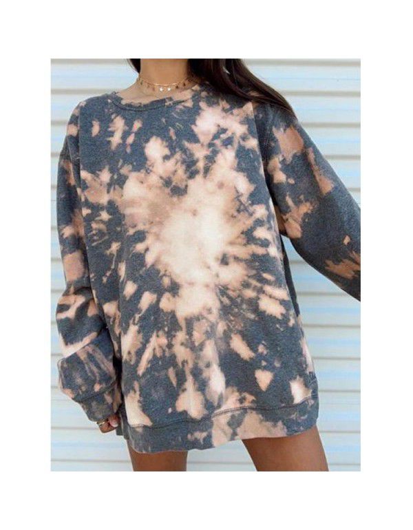 Spring and Summer Women's Wear European and American Tie Dye Printed Hooded Long Sleeve T-shirt Sweater