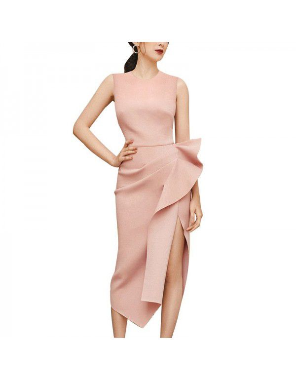 New Pink Temperament Celebrity Dress High Waist Slim Fit Pleated Side Split Ruffle Edge Long Dress