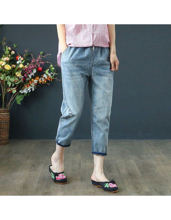 Light blue jeans, women's literary embroidery, oversized Harun pants, spring and summer new loose jeans, women's three-quarter elastic waist 