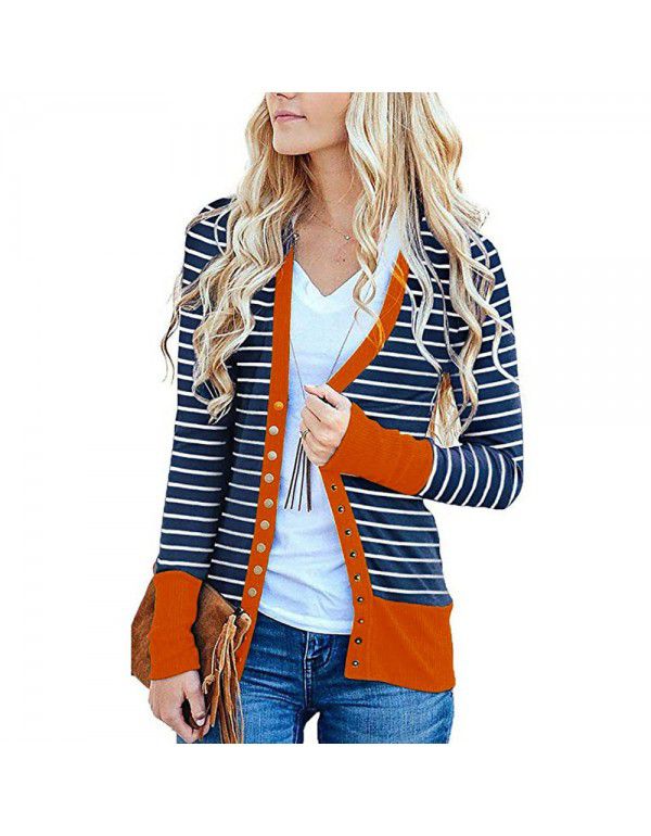 Women's striped patchwork medium length long sleeve single breasted cardigan jacket