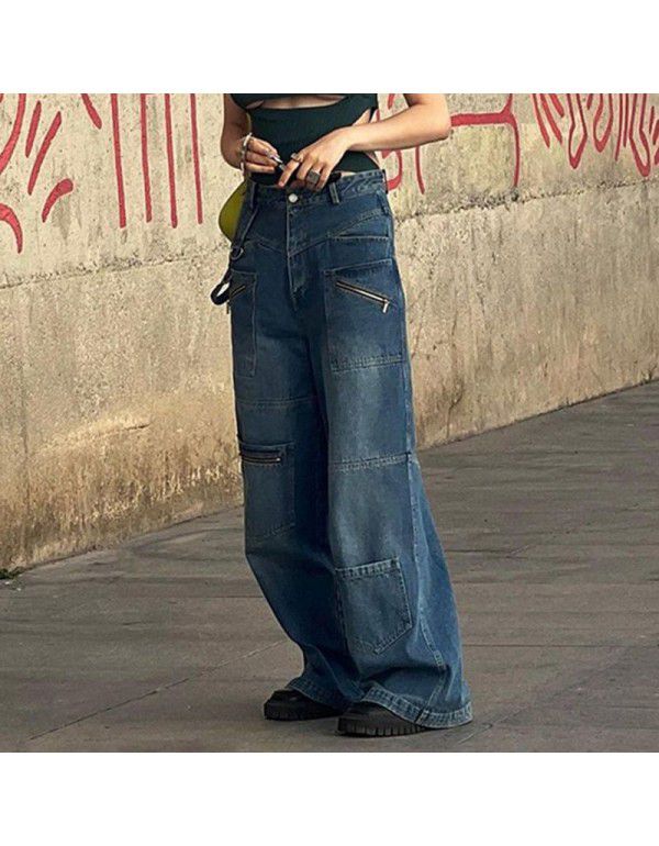 American Style Tall Multi Pocket Zippered Old Jeans Women's New Strap Straight Leg Wide Leg Pants