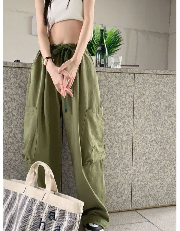 Retro Strap Workwear Casual Pants Women's Summer New High Waist Green Straight Tube Loose Relaxed Wide Leg Pants 