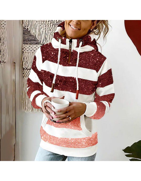 Printed Hooded Drawstring Sweater Loose Pullover Casual Sweater Women 