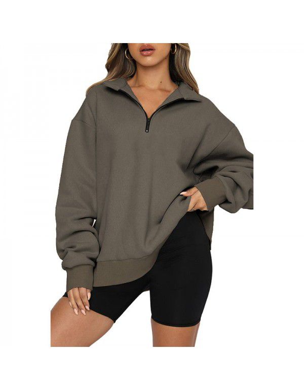 Women's sweater Women's new European and American solid color half zip pullover long sleeve loose top