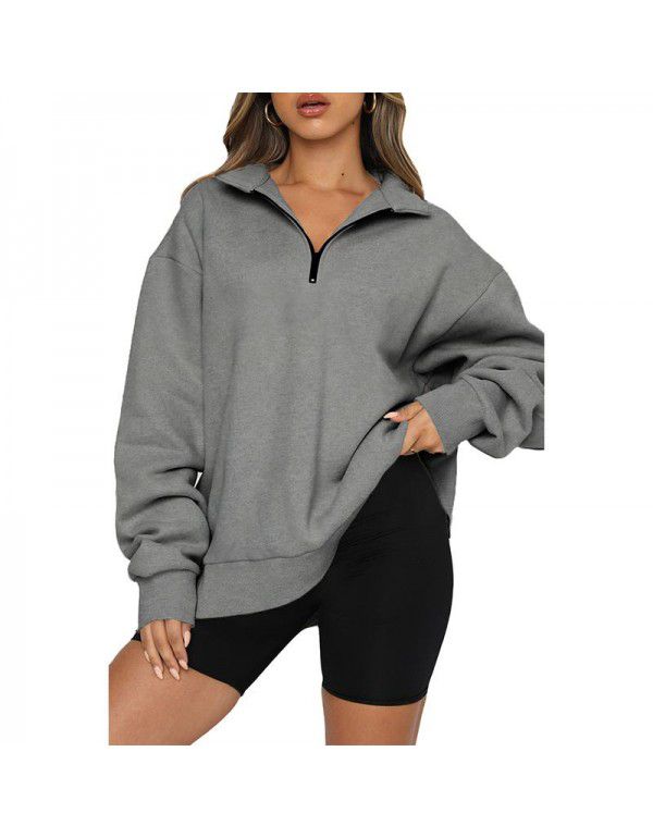 Women's sweater Women's new European and American solid color half zip pullover long sleeve loose top