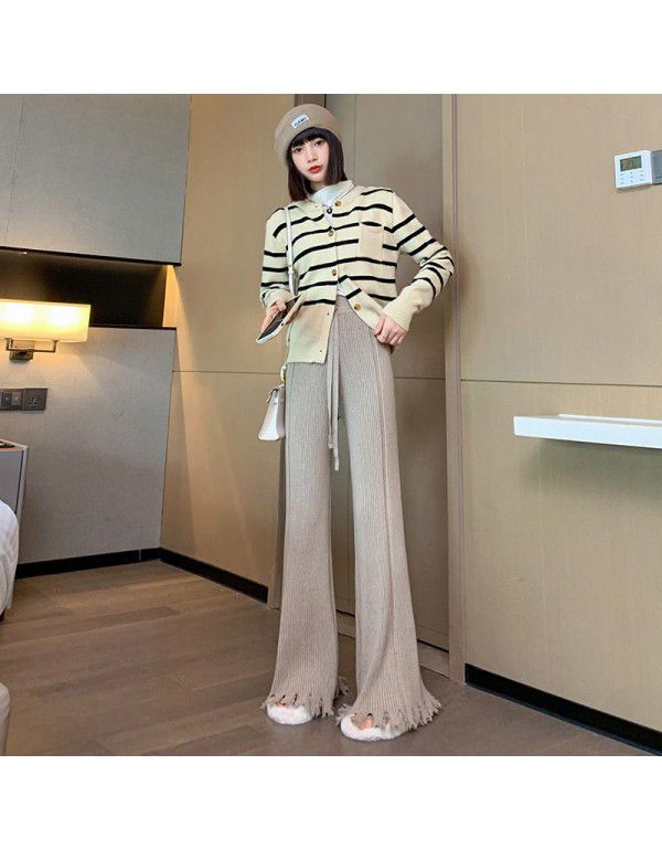 Thickened soft waxy white fringed knitted wide leg pants for women in autumn and winter, vertical pit, high waist drawstring, thin casual floor mop pants 