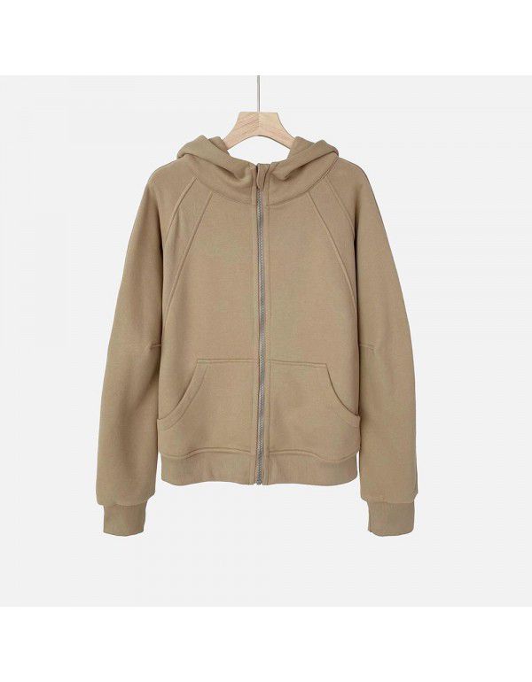 Autumn new style solid color plush zippered sweater short hoodie sportswear casual versatile coat women 