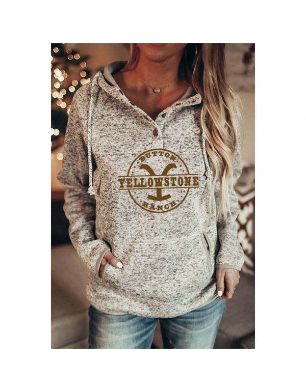 Hoodie Casual Loose Sleeve Drawstring Pullover Sweatshirt With Pocket Print Top Sweatshirt