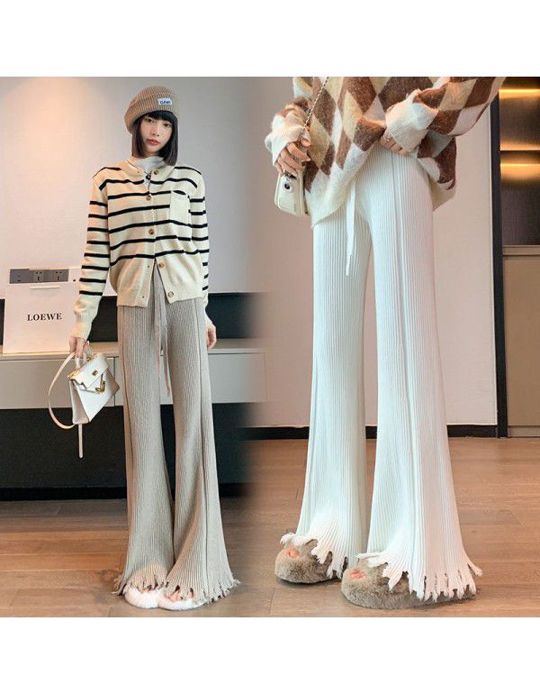 Thickened soft waxy white fringed knitted wide leg pants for women in autumn and winter, vertical pit, high waist drawstring, thin casual floor mop pants 