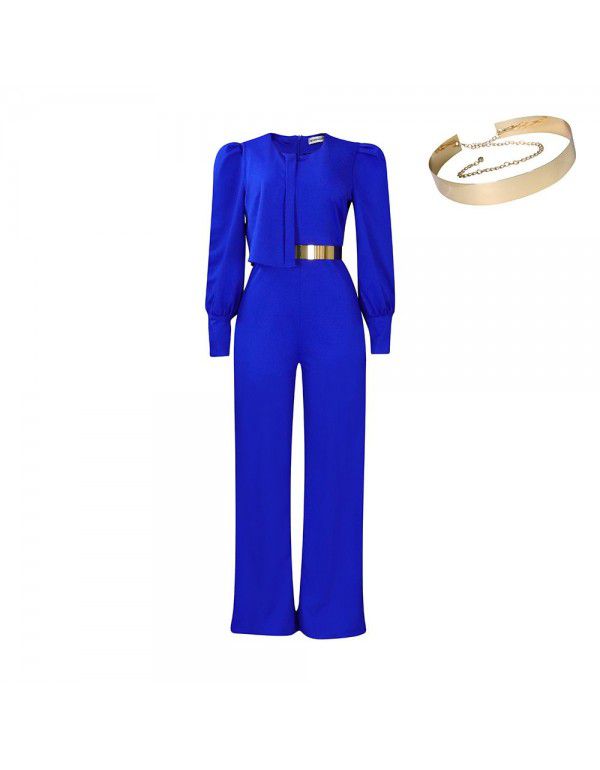 Matching Belt European and American Women's Spring New Long Sleeve Casual Fashion Wide Leg Large Foreign Trade Bodysuit