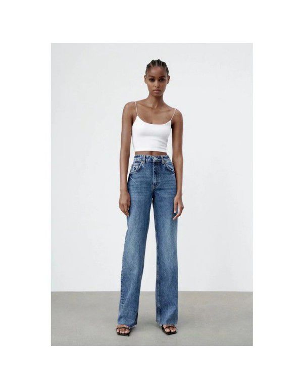 Leisure fashion retro high waist jeans autumn women's trousers loose show thin show leg long hair edge wide leg pants 