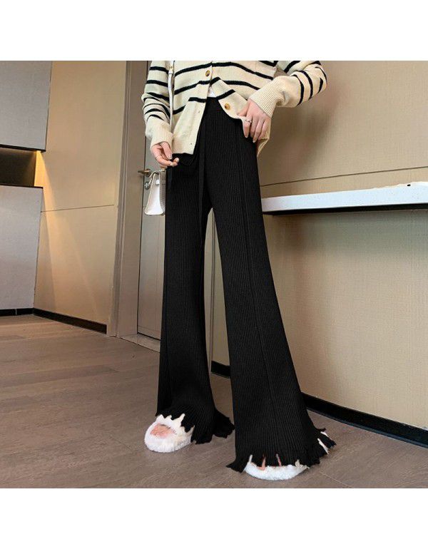 Thickened soft waxy white fringed knitted wide leg pants for women in autumn and winter, vertical pit, high waist drawstring, thin casual floor mop pants 