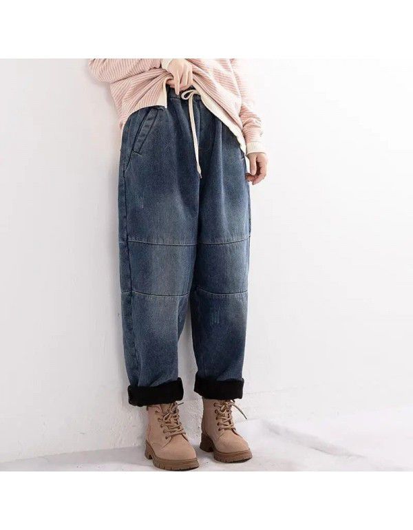 Large loose plush jeans women's new winter elastic waist patchwork Haren pants vintage daddy pants 