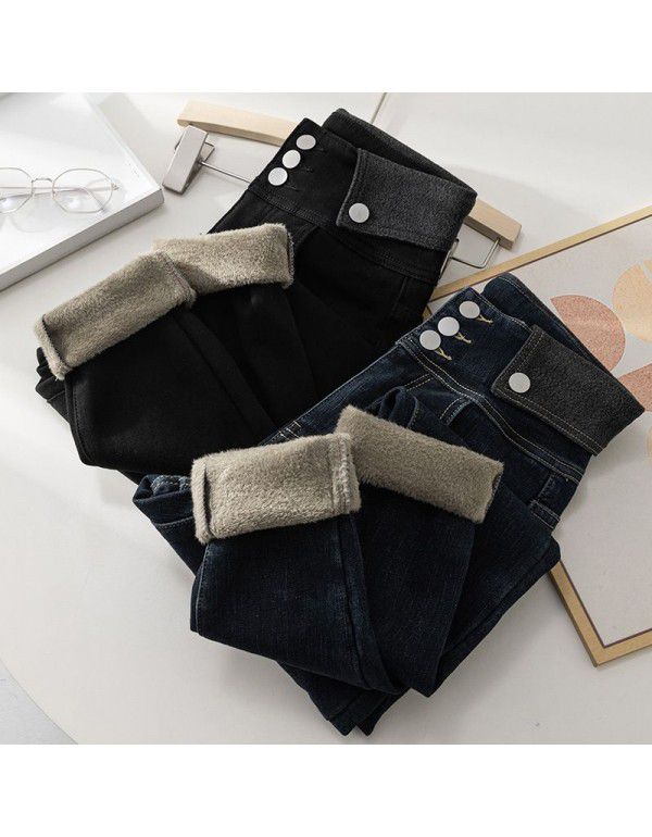 Black plush jeans Women's Autumn and Winter Thickened Loose Harlan Pants Slim Straight Leg High Waist Dad Pants