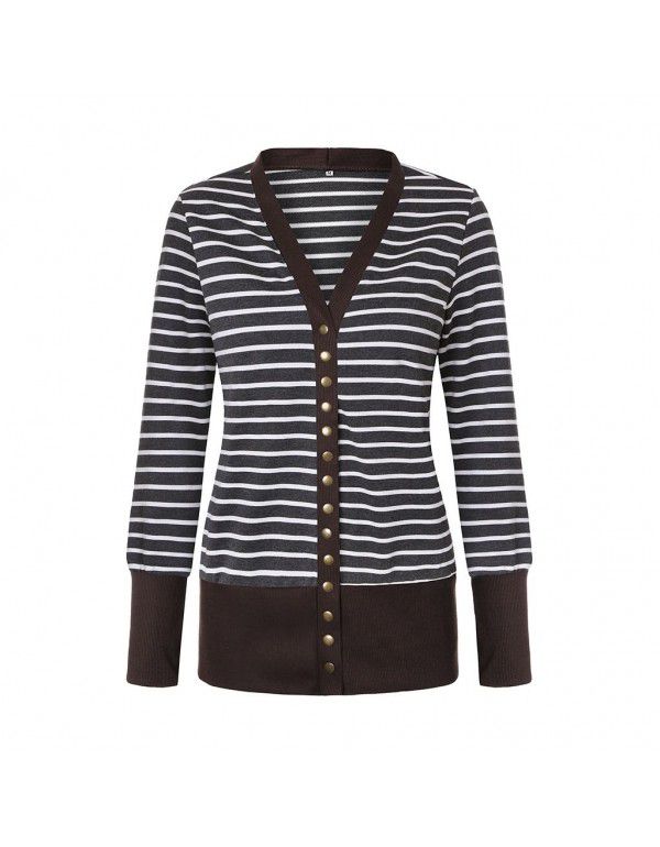 Women's striped patchwork medium length long sleeve single breasted cardigan jacket