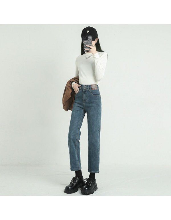 Black Small Straight Plush Jeans Women's High Waist Slim Fit Large Crop Pants