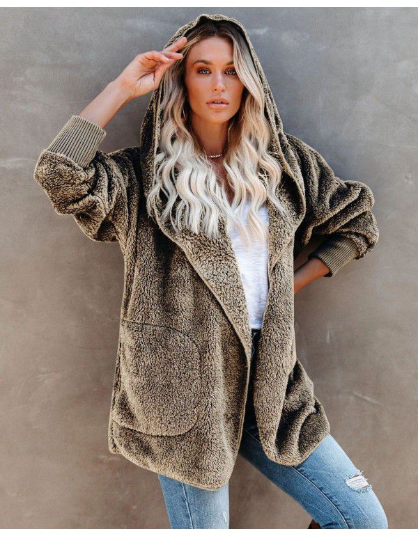 Women's long-sleeved coat casual hooded solid color cardigan plush woman 