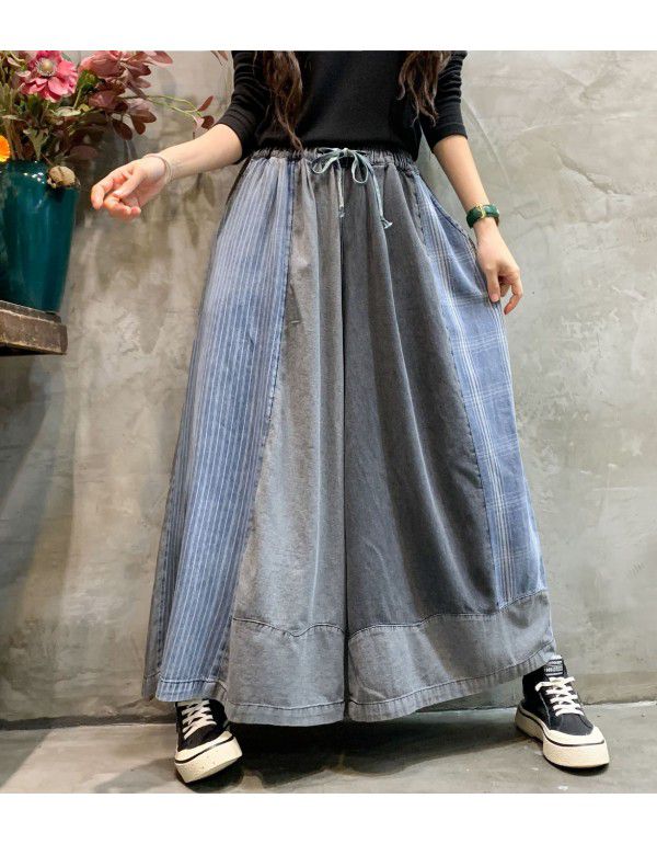 Denim Wide Leg Pants Spring New Fashion Personalized Color Matching Old Size Skirt Pants Cropped Pants Women