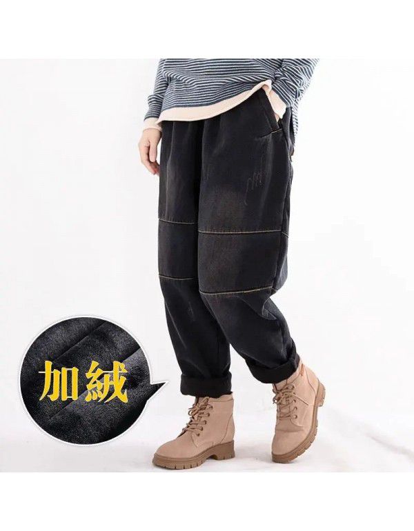 Large loose plush jeans women's new winter elastic waist patchwork Haren pants vintage daddy pants 