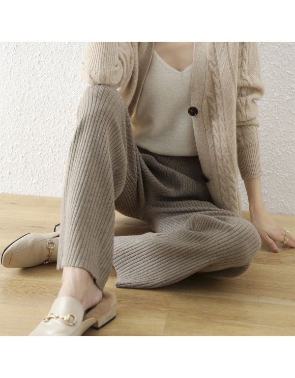 Autumn and Winter New Knitted Wide Leg Pants Women's Relaxed Casual High Waist Stretch Drop Straight Pants Small Women's Floor Towers 