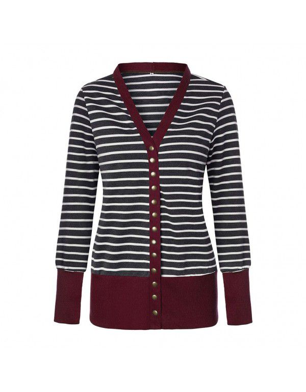 Women's striped patchwork medium length long sleeve single breasted cardigan jacket