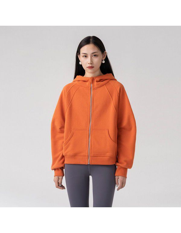 Autumn new style solid color plush zippered sweater short hoodie sportswear casual versatile coat women 