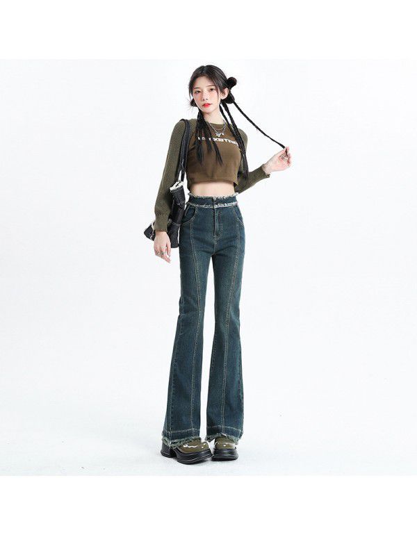 Autumn and Winter New High Waist Jeans for Women Sweet Cool Spicy Girls Double Layer Hem Pants with Raw Hem Flare Pants Versatile