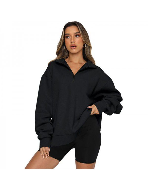 Women's sweater Women's new European and American solid color half zip pullover long sleeve loose top