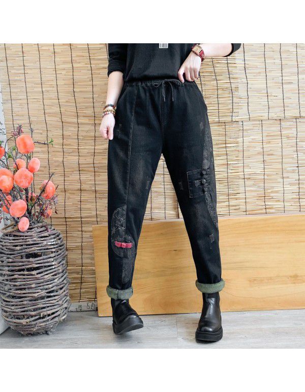 Plush jeans loose literary style buckle patch high waist jeans women elastic elastic waist jeans women's wear 