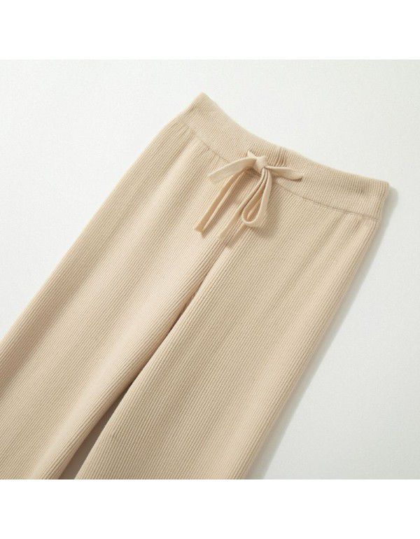 Knitted wide leg pants for women's spring and autumn wear drawstring knitted pants with high waist, straight tube, wide leg, and droop feeling 