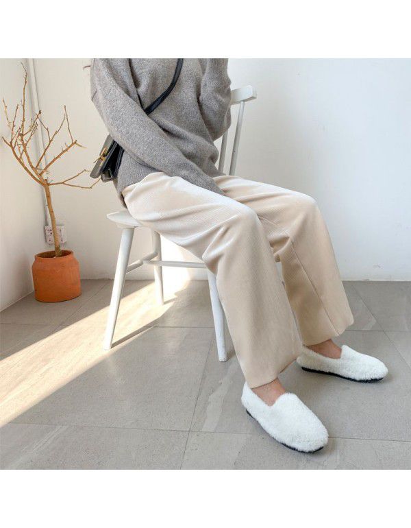 Spring and Autumn plush small straight leg pants with elastic waist, lazy man wide leg pants, slim and versatile pants