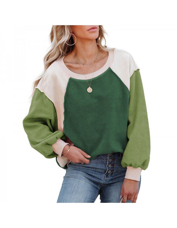 Brushed Lantern Sleeve Sweater for Women Autumn New Plush Contrast Long Sleeve Pullover for Women