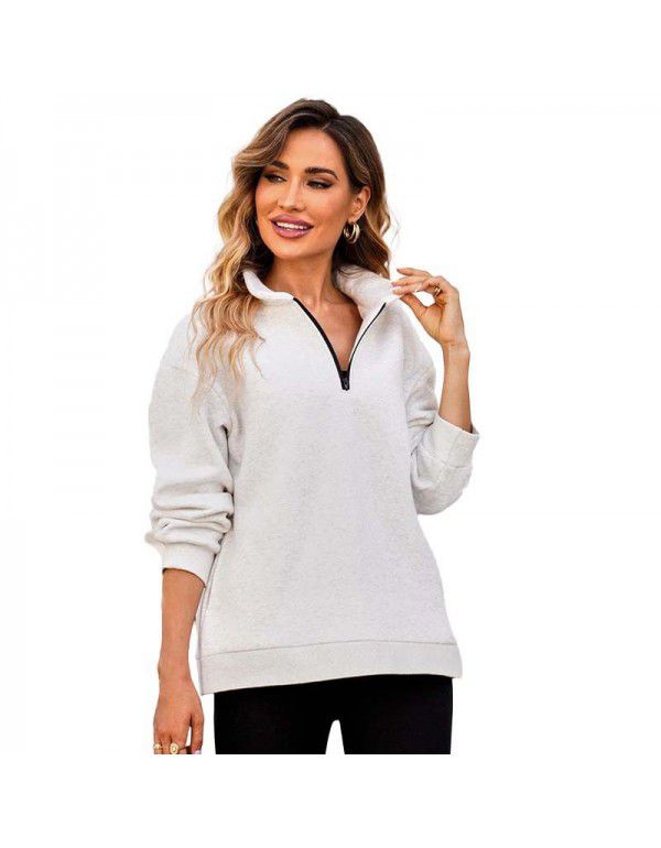 Women's sweater Women's new European and American solid color half zip pullover long sleeve loose top