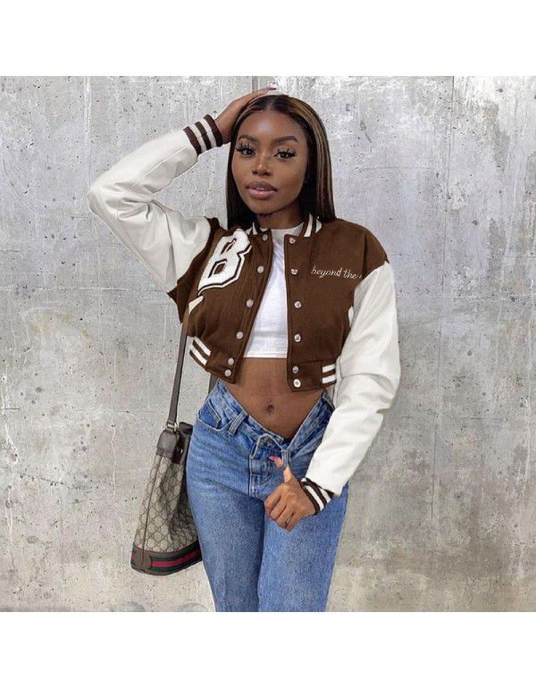 Contrast printed leather sleeve baseball jacket short jacket woman