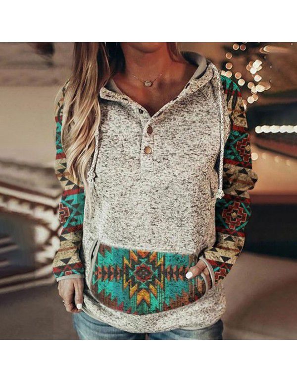 Hoodie Casual Loose Sleeve Drawstring Pullover Sweatshirt With Pocket Print Top Sweatshirt