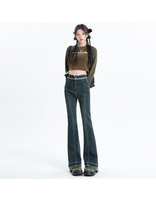 Autumn and Winter New High Waist Jeans for Women Sweet Cool Spicy Girls Double Layer Hem Pants with Raw Hem Flare Pants Versatile