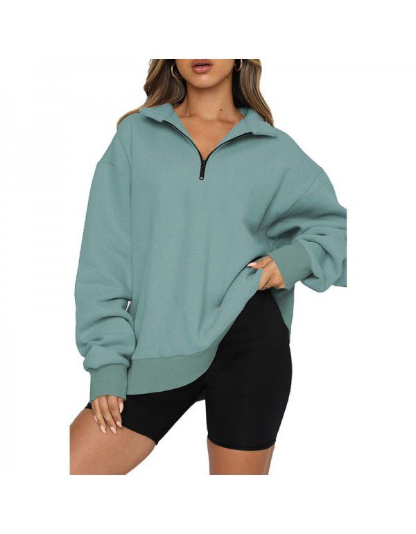 Women's sweater Women's new European and American solid color half zip pullover long sleeve loose top