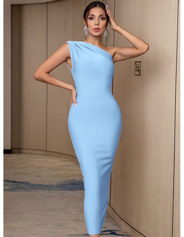 New Fashion Elegant Women's One Shoulder Bandage Dress Sexy Sleeveless Tight Sky Blue Evening Dress 