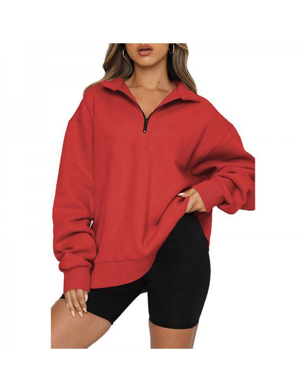 Women's sweater Women's new European and American solid color half zip pullover long sleeve loose top