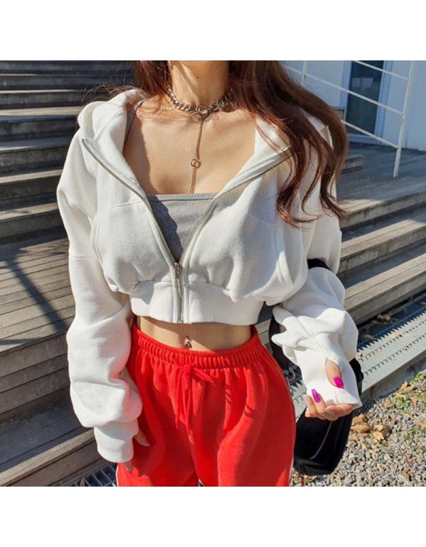 Fashion hooded cardigan zippered plush sweater Wom...