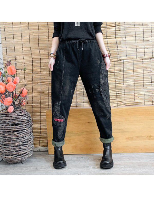 Plush jeans loose literary style buckle patch high...