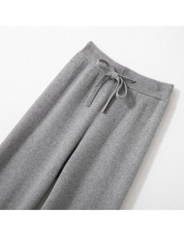 Knitted wide leg pants for women's spring and autumn wear drawstring knitted pants with high waist, straight tube, wide leg, and droop feeling 