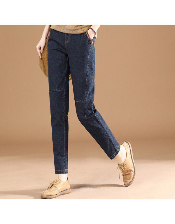 Elastic Waist Women's Jeans New Spring Loose Splic...