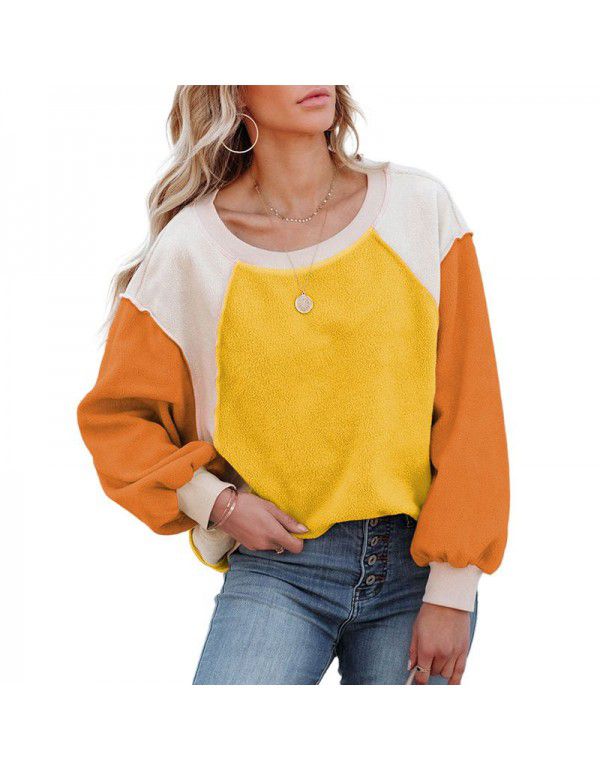 Brushed Lantern Sleeve Sweater for Women Autumn New Plush Contrast Long Sleeve Pullover for Women