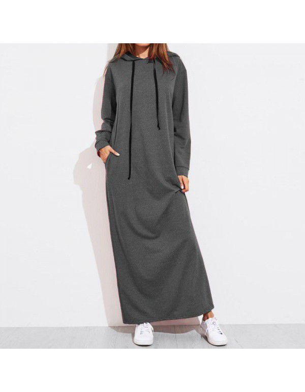 New Spring, Summer, Autumn European and American Women's Long Sleeve Hooded Long Sweater Dress