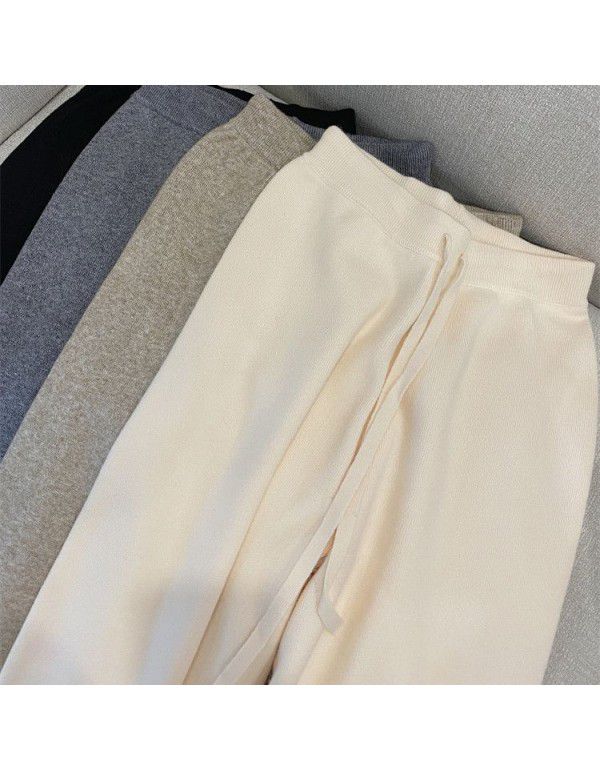 Cream White Knitted Wide Leg Pants Women's Winter Women's New Elastic Waist High Waist Drop Straight Leg Pants