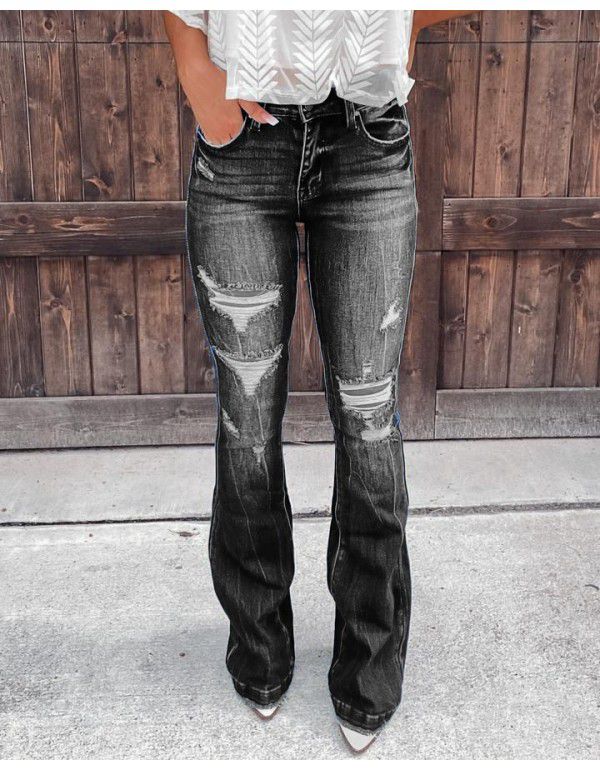 New Women's Casual Pants Show Thin Temperament Broken Hole Denim Wide Leg Women's Pants