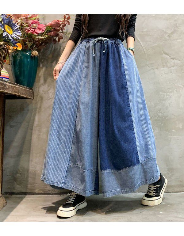 Denim Wide Leg Pants Spring New Fashion Personalized Color Matching Old Size Skirt Pants Cropped Pants Women