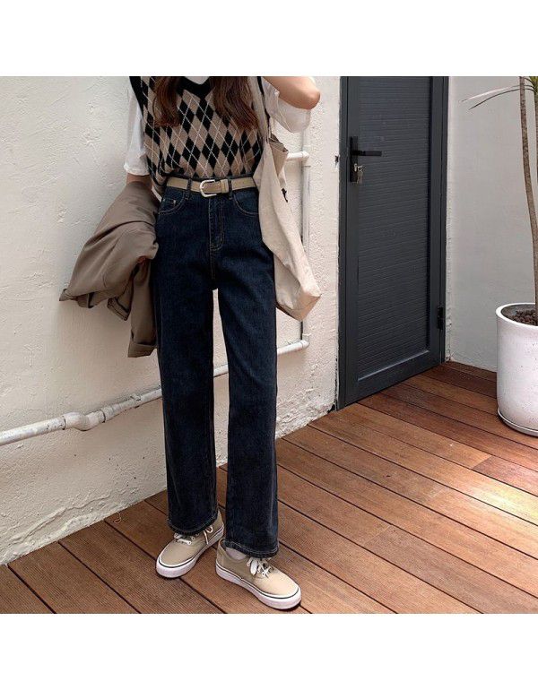 Spring and Summer New INS Korean Style Straight Leg Jeans Female Student Dark High Waist Slim Elastic Casual Pants