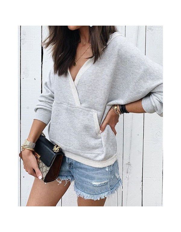 Autumn and Winter New Long Sleeve Panel Pocket V-Neck Sweater Women